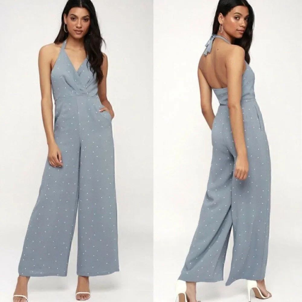 Lulus Ravina Slate Blue Polkadot Halter Jumpsuit NEW